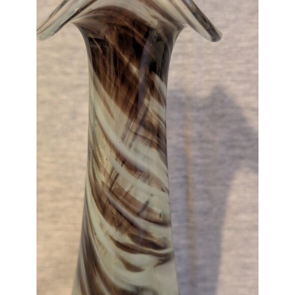Vintage 1970s Hand Blown Swirl Ribbon Glass Vase Brown White 6.5" t x 2.5" dia - Picture 6 of 9